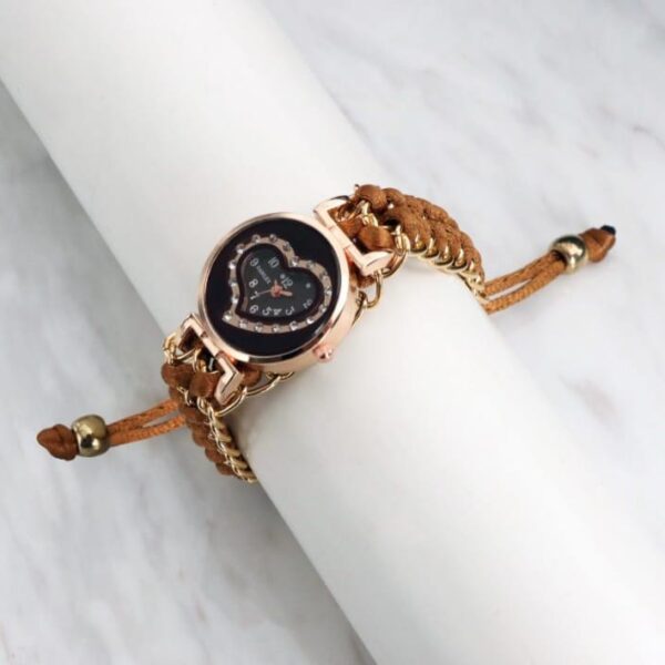 Women's Heart Dial Bracewatch Brown Leather Strap Stainless Steel