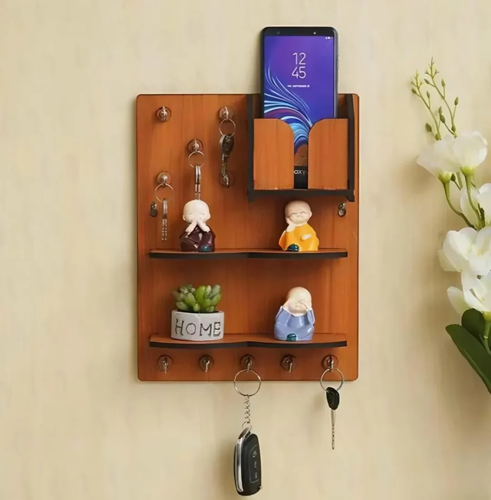 Wooden Wall Key & Phone Holder with Hooks