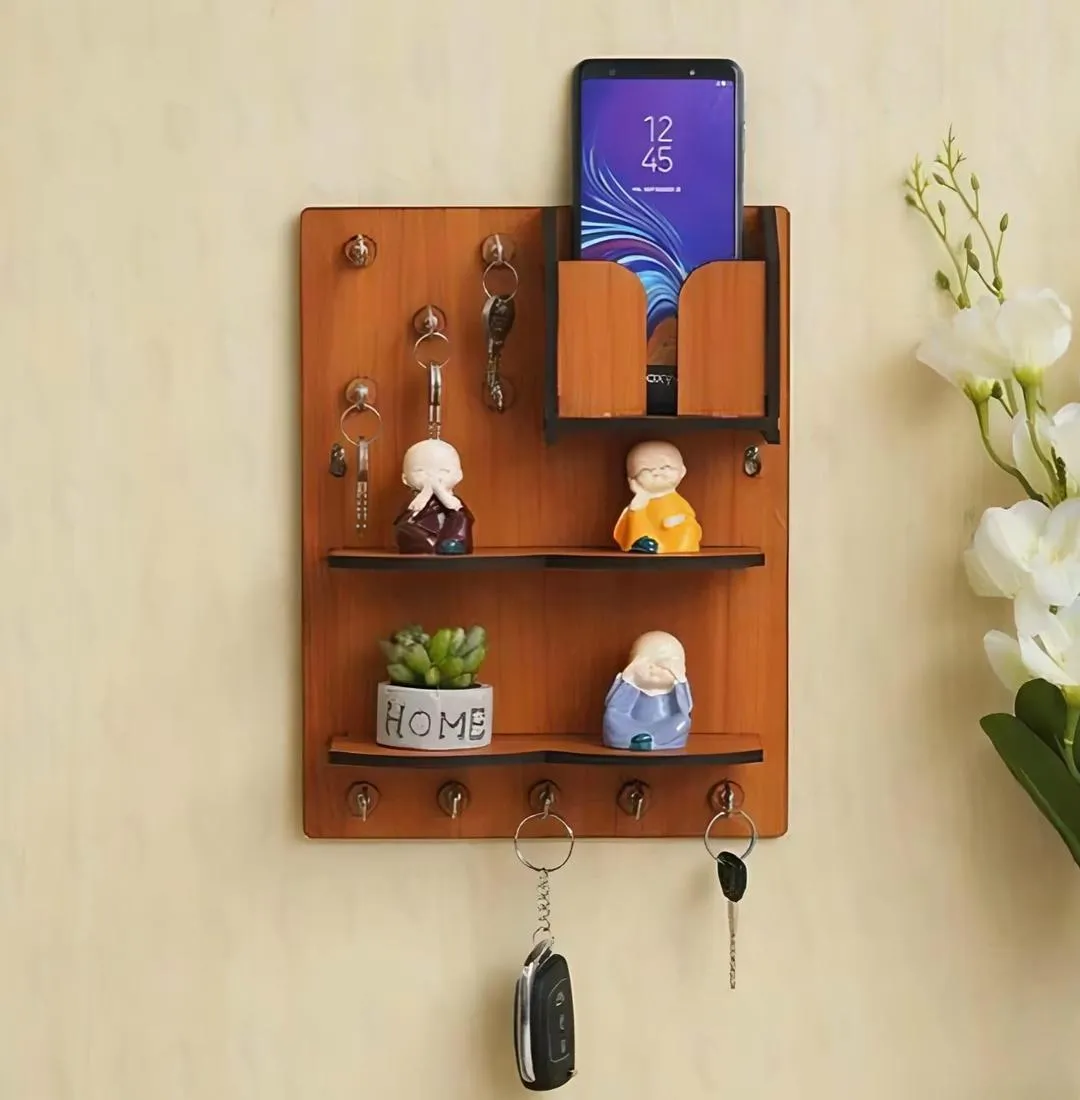 Wooden Wall Key & Phone Holder with Hooks