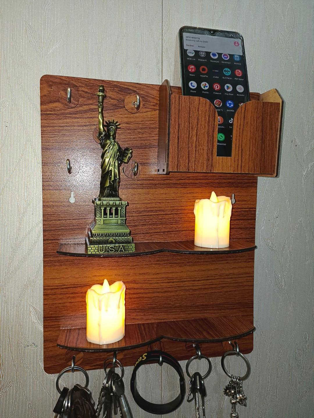Wooden Wall Key & Phone Holder with Hooks - Image 2