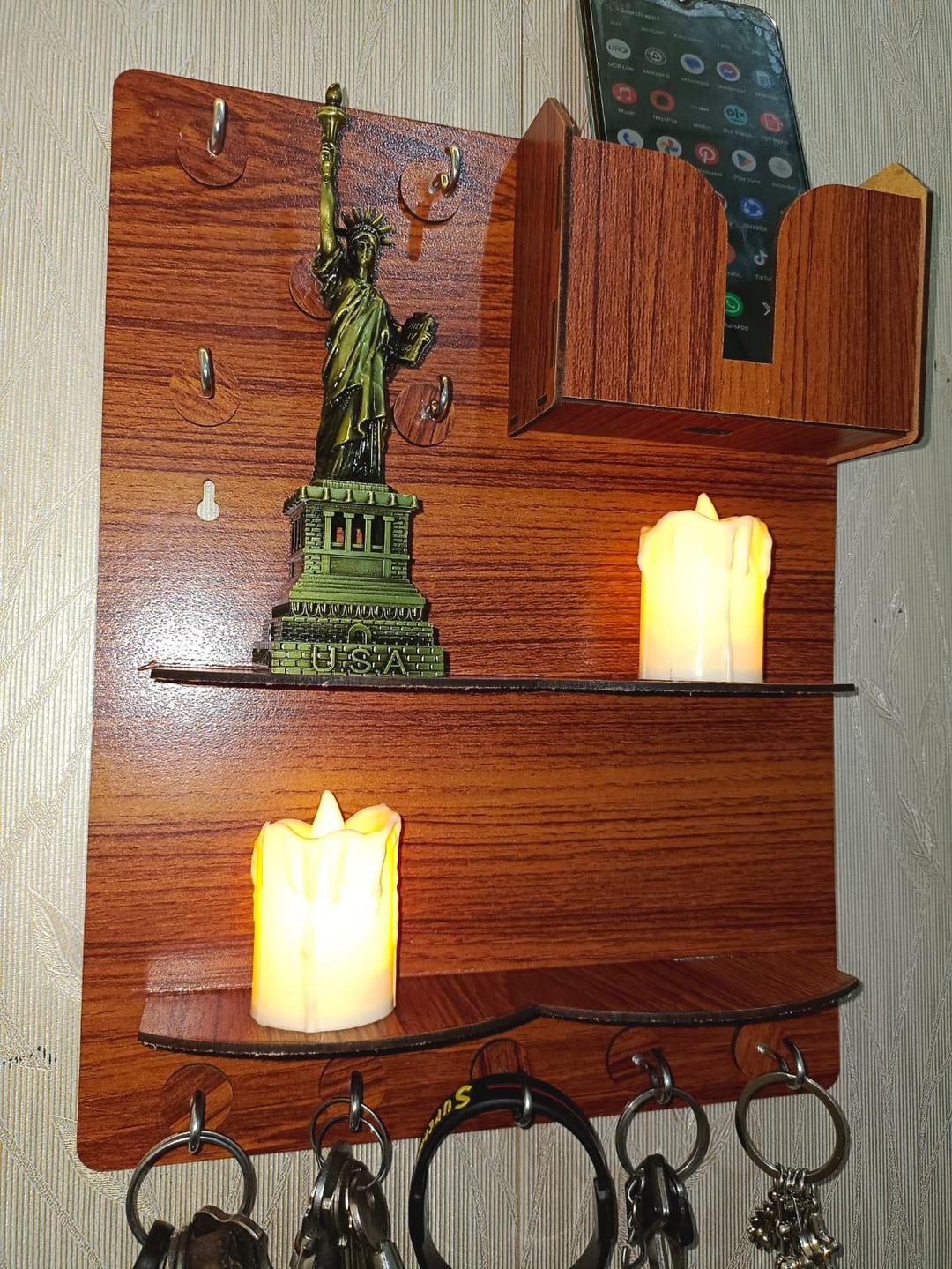 Wooden Wall Key & Phone Holder with Hooks - Image 3