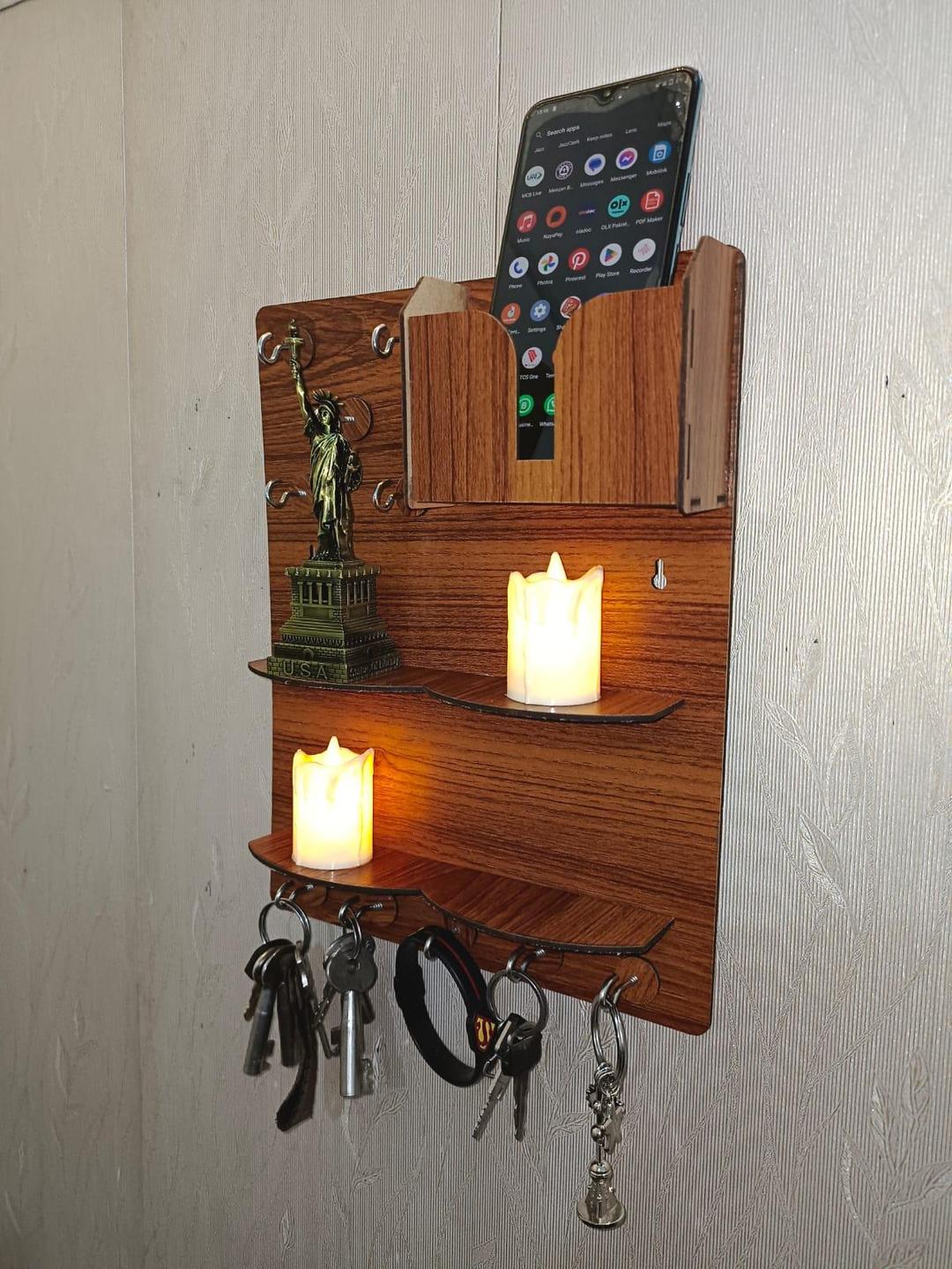 Wooden Wall Key & Phone Holder with Hooks - Image 4