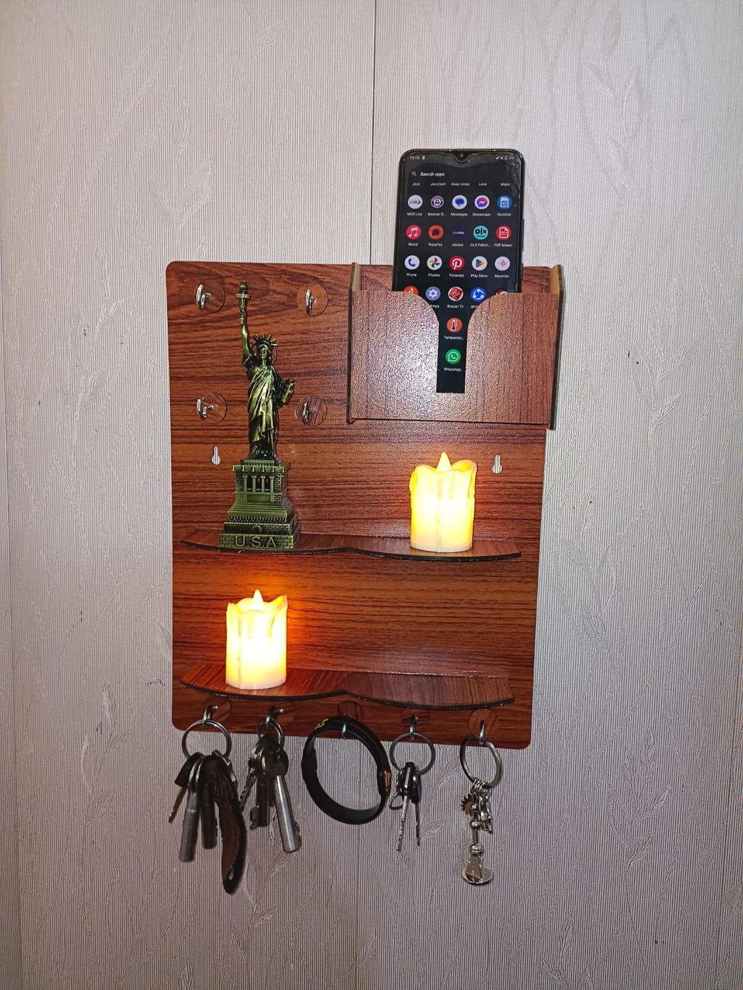 Wooden Wall Key & Phone Holder with Hooks - Image 5