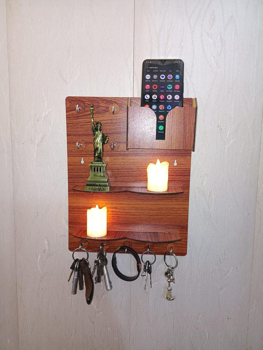 Wooden Wall Key & Phone Holder with Hooks - Image 6