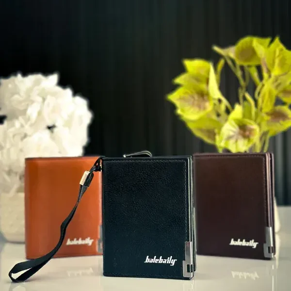 Men's Black Leather Tri-Fold Wallet 12x9x3cm