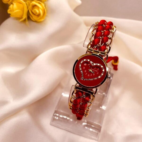 Heart Shaped Red Braided Bracelet Watch for Girls