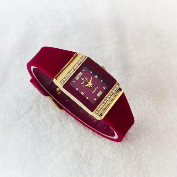 Women's Red Silicone Diamond Watch with Gold Case